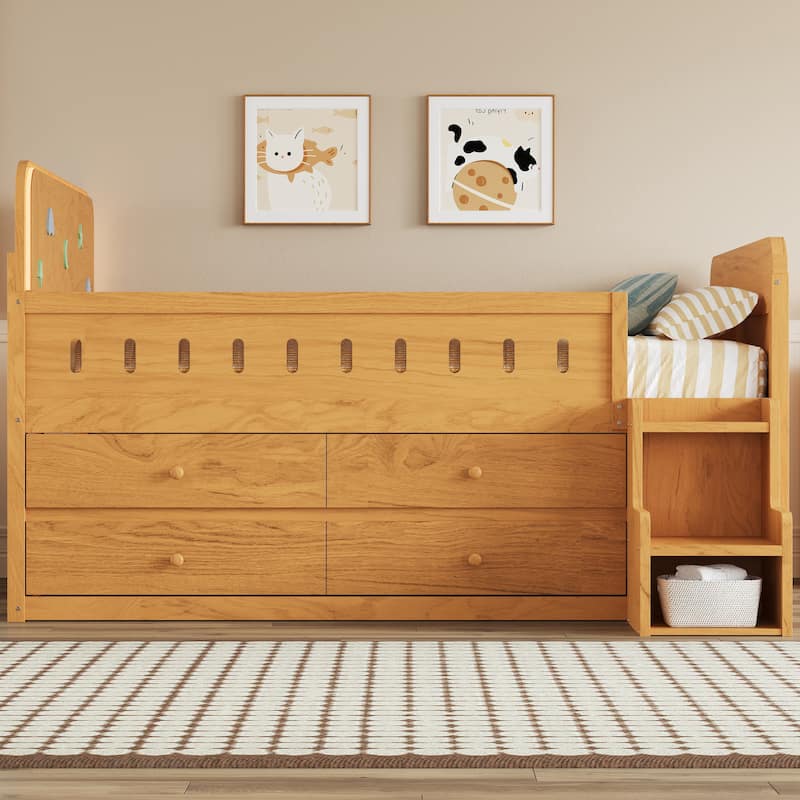 Wooden Full Size Bed Frame with Fun Headboard Built-in LED Light and Pull-out Storage Drawers, Staircase