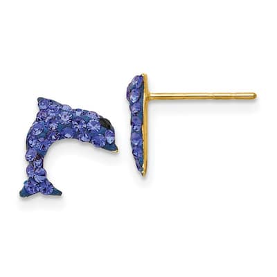 Curata 14k Yellow Gold Polished Crystal Blue Dolphin Post Earrings Measures 9x9mm Wide