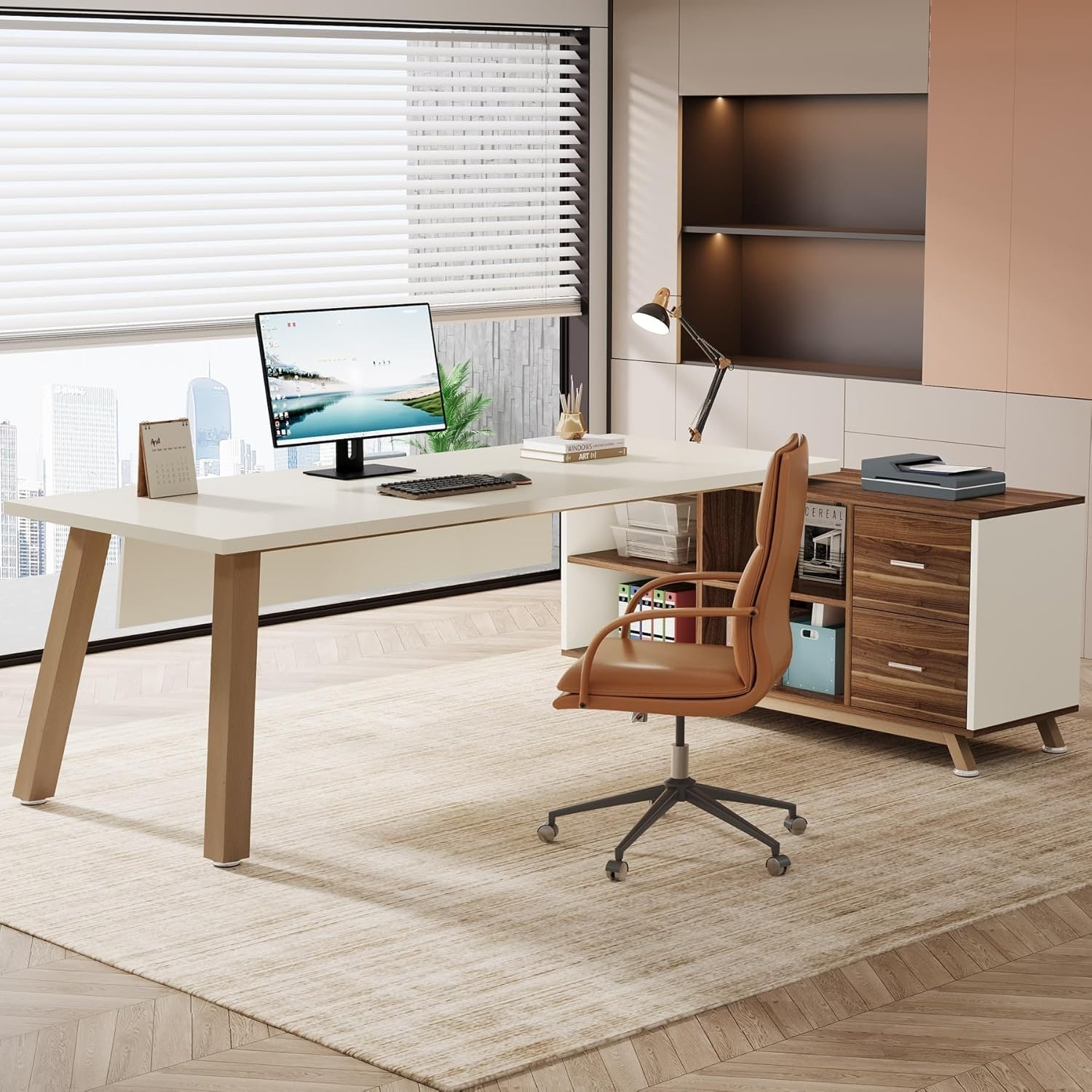 Brown/ Beige 71 Inches L-Shaped Executive Desk with Cabinet