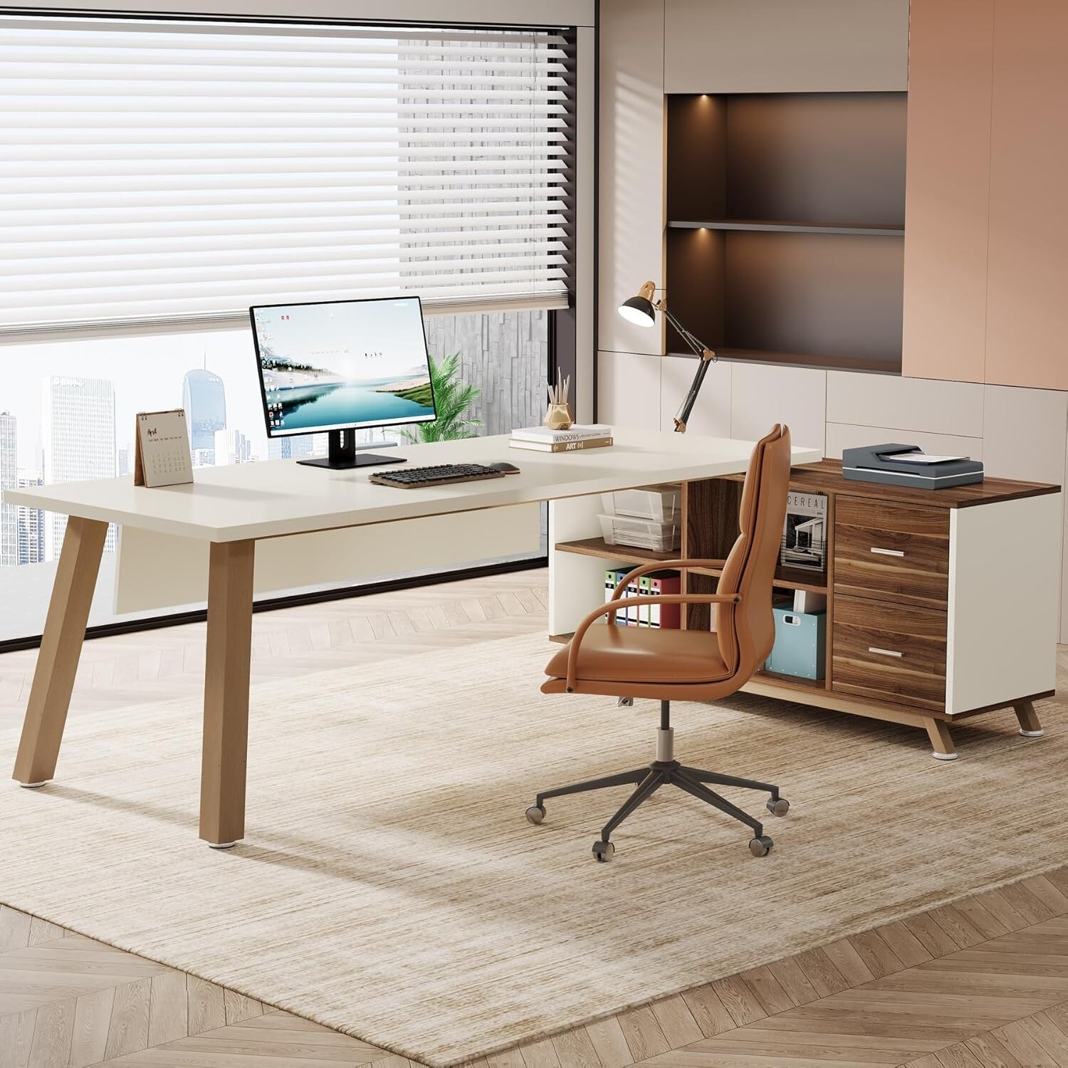 L-Shaped Desk with 55-Inch Cabinet - Overstock - 41495633