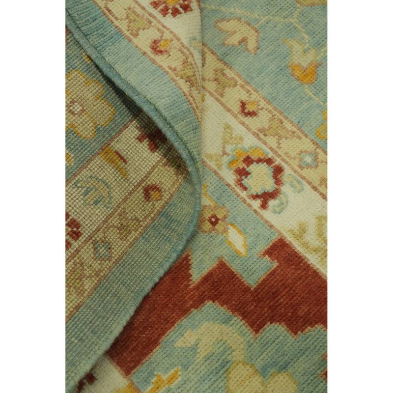 Handmade Blue Oushak Vegetable Dye Area Rug, Medallion Geometric Carpet - 13' 5'' X 10' 2''