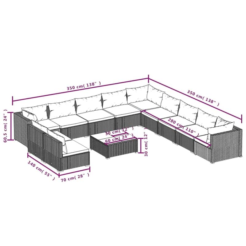 vidaXL Patio Lounge Set Outdoor Sectional Sofa Set Table Garden Poly Rattan - 27.6" x 27.6" x 23.8"