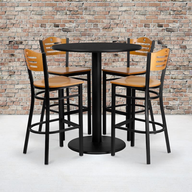 36" Round Laminate Table Set with 4 Metal Barstools - Natural Wood Seat