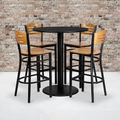 36" Round Laminate Table Set with 4 Metal Barstools - Natural Wood Seat