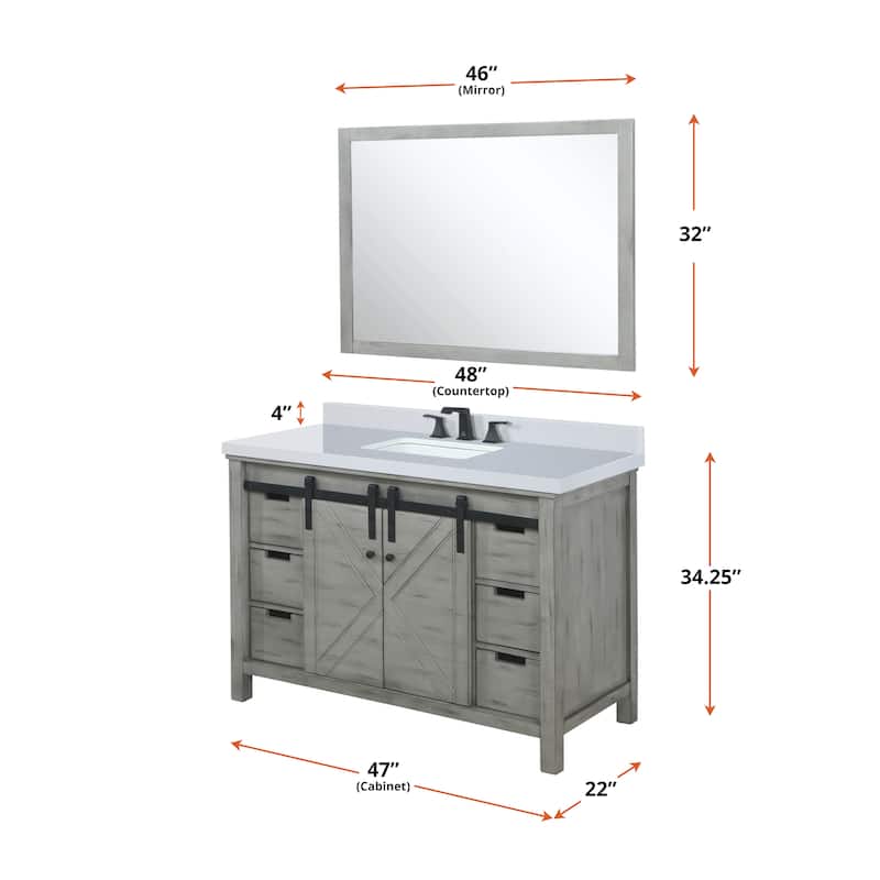 Marsyas 48 in W x 22 in D Ash Grey Bath Vanity, White Quartz Countertop and 44 in Mirror