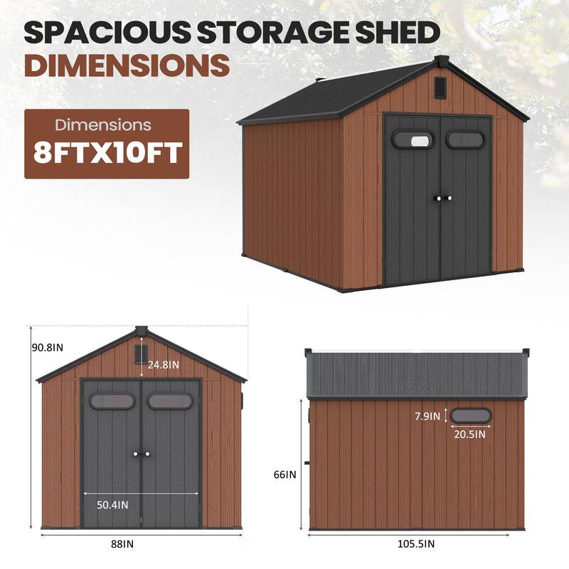 8X8/8X10/8X12 FT Resin Outdoor Storage Shed with Window Vent Floor for Patio Furniture and Tools