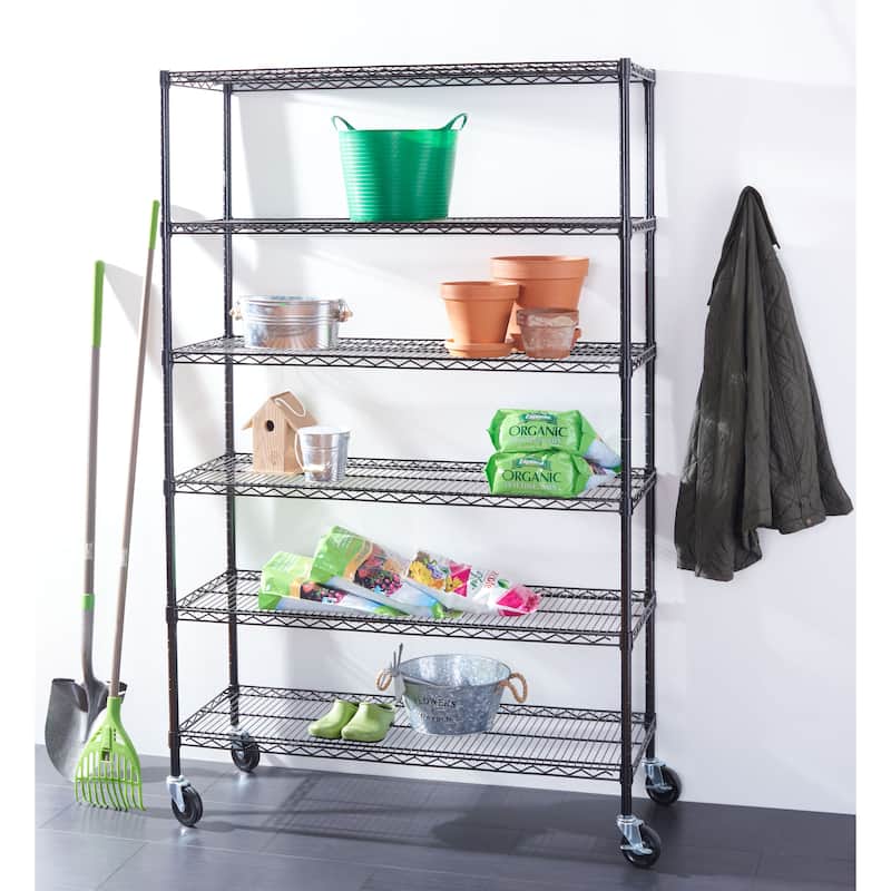 SAFAVIEH Storage Collection Juliet 6 Tier Heavy Duty Commercial Chrome Wire Shelf - 47.6" W x 18" L x 75" H - Black