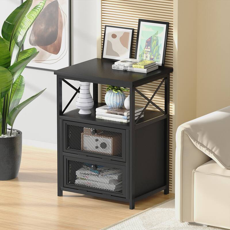 VECELO Modern End Table with 3-tier Storage Shelves, Nightstands with Charging Station(Nightstand Set of 2)