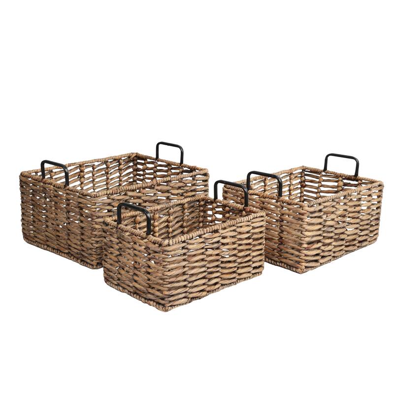 Savoy Handwoven Water Hyacinth Nesting Storage Baskets, Metal Handles (Set of 3) - Brown