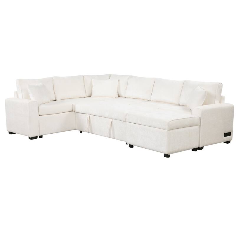 White 112.2" L-Shaped 6-Seat Sectional Sofa with Pull-Out Bed, Storage Ottoman, 3 Back Pillows, and USB Charging Ports
