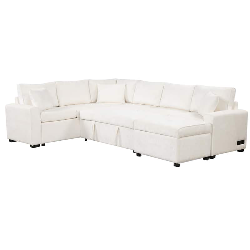 White 112.2" L-Shaped 6-Seater Sectional Sofa with Pull-Out Bed, Storage Ottoman, 3 Back Pillows, and USB Charging Ports