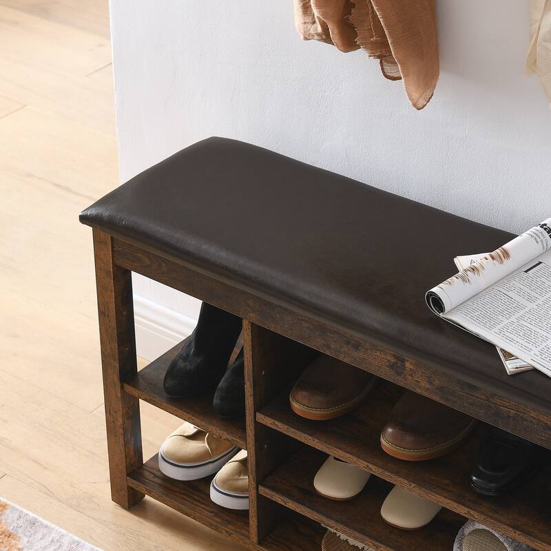 A height-adjustable long shoe-changing bench with seat,concealed storage space and large storage compartments,, natural wood