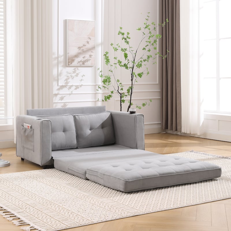 Foldable Tufted Loveseat with Pull Out Bed and Side Pockets