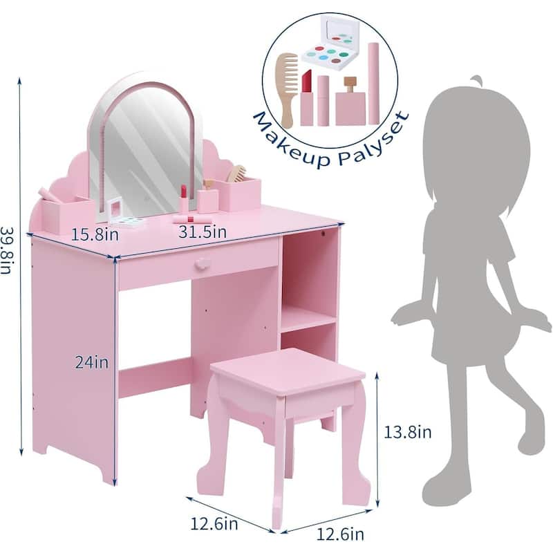 2 in 1 Kids Vanity Table & Stool with Lighted Mirror and Makeup Palyset