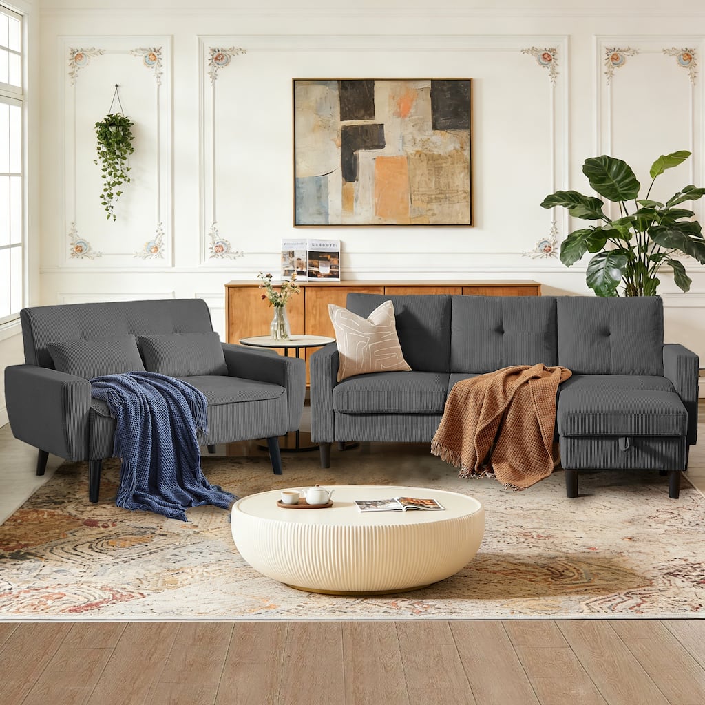 79.14" Corduroy 3 Piece Living Room Set with Sofa,Ottoman and Loveseat