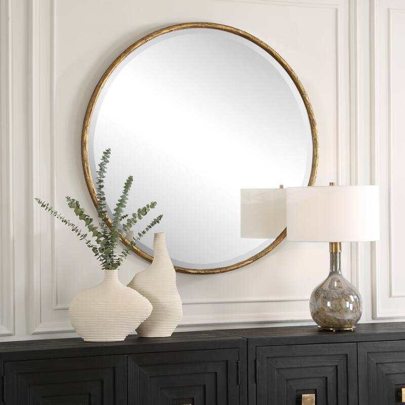 Beveled Rustic Round Wall Mirror - 79.75" - Gold