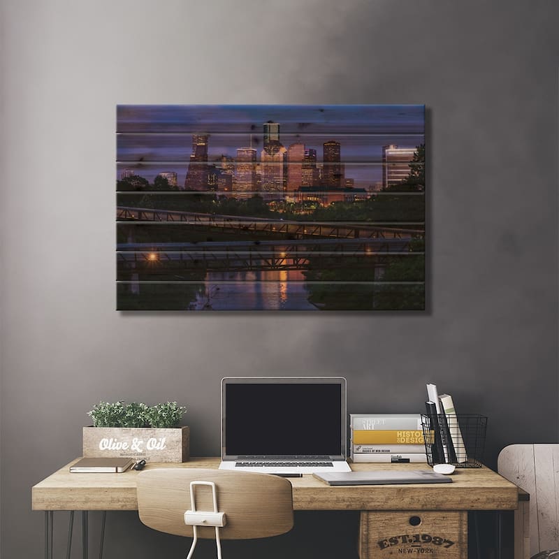 Elevated Walkway Over Buffalo Bayou At Night With Downtown Skyline, Houston, Texas, USA Print On Wood by Panoramic Images