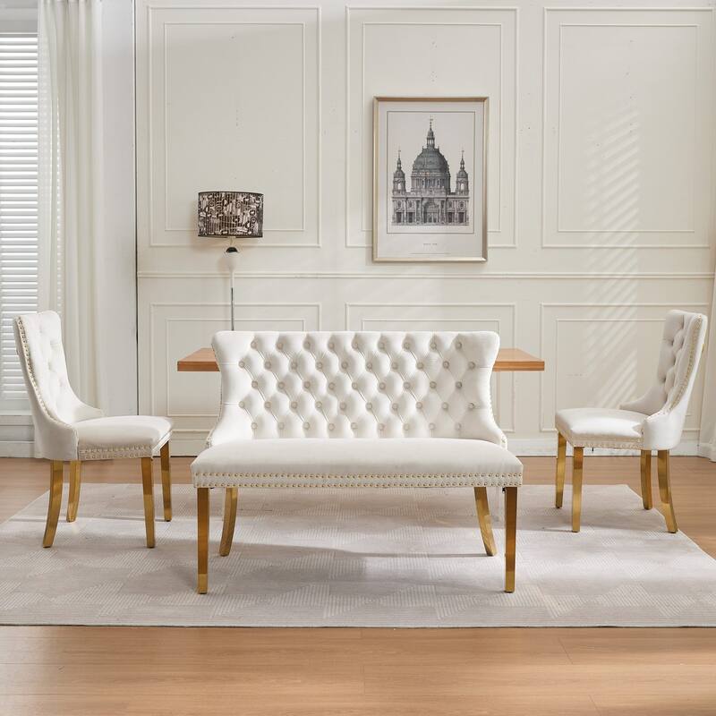 Roomfitters Upholstered Loveseat Bench with Nailhead Trim and Gold Metal Legs, Modern High Back Settee for Dining Room, Beige