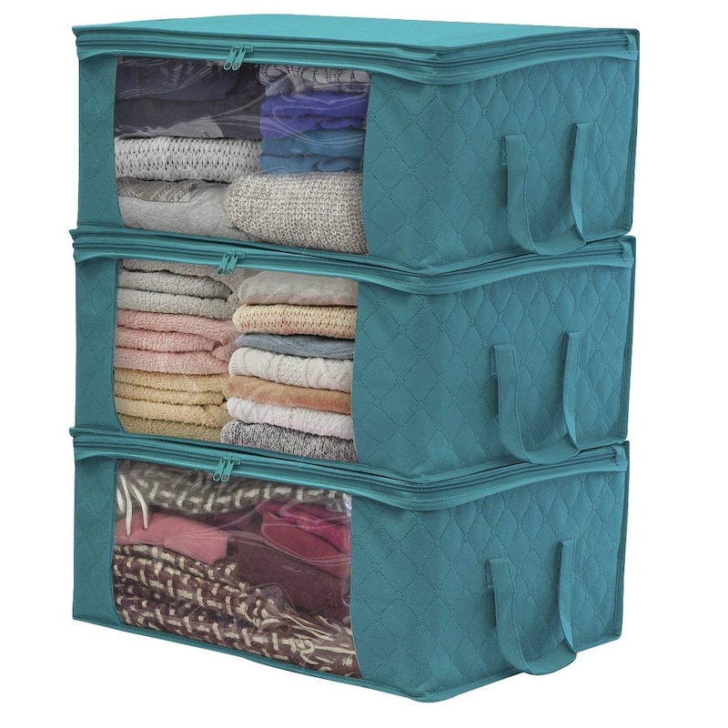 Sorbus Foldable Storage Bag Organizers, Large Clear Window & Carry Handles (3 Pack) - Aqua