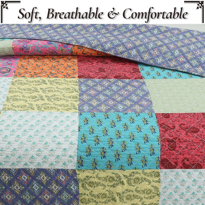 Cozy Line Bright Bold Multi Color Boho Floral Patchwork 3 Piece Cotton Quilt Bedding Set