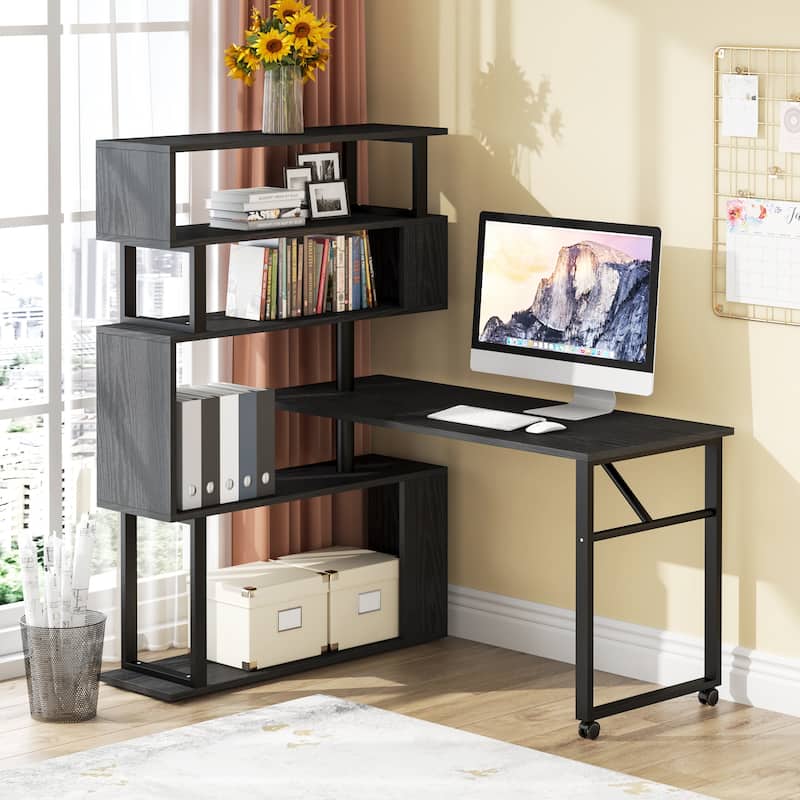 L-Shaped Rotating Computer Desk with 5 Shelves Bookshelf