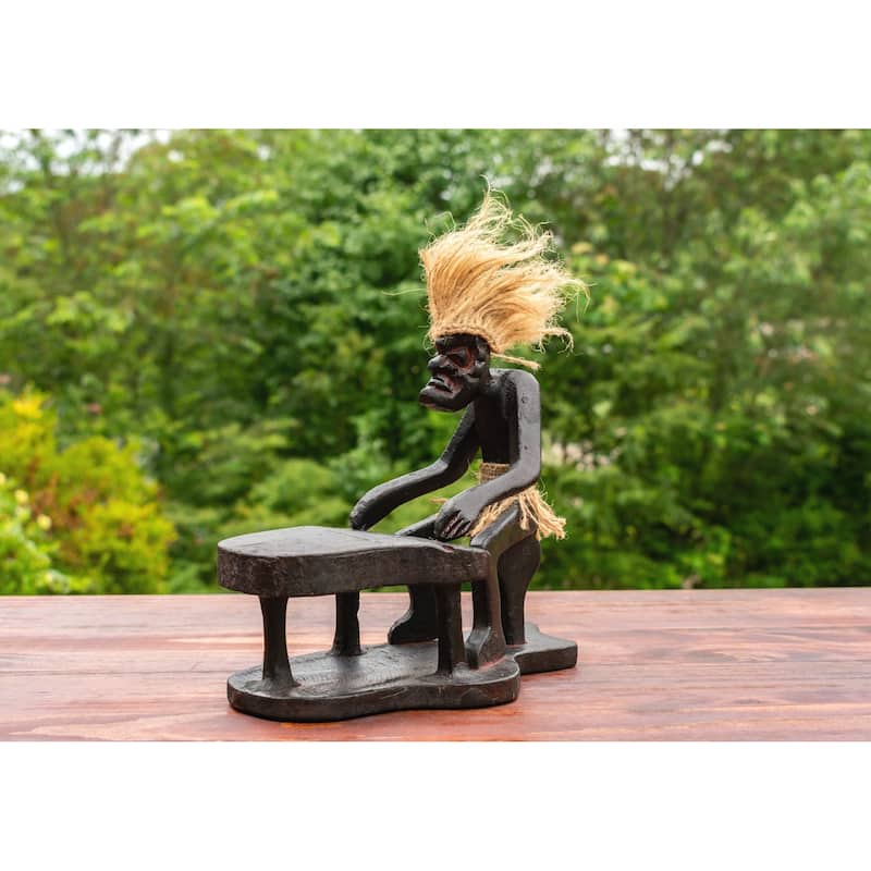 Handmade Wooden Primitive Tribal Funny Statue Playing Piano Sculpture Tiki Bar Handcrafted Unique Gift Art Decorative Home De