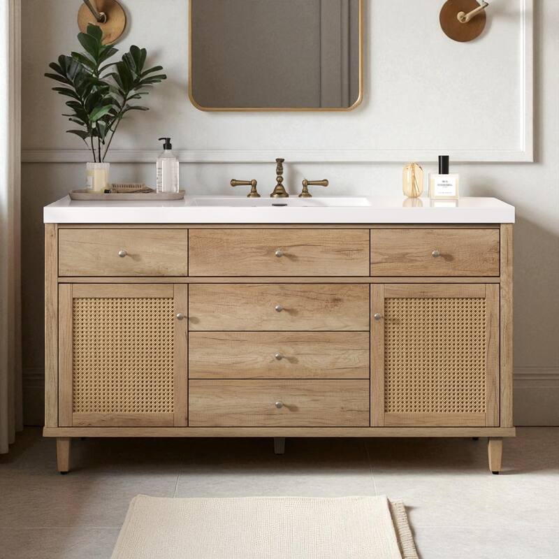 60 Inch Bathroom Vanity with Single SMC Sink, 5 Soft-Close Drawers, Rattan Door Cabinets, Freestanding Cabinet with Pine Legs - Antique Natural
