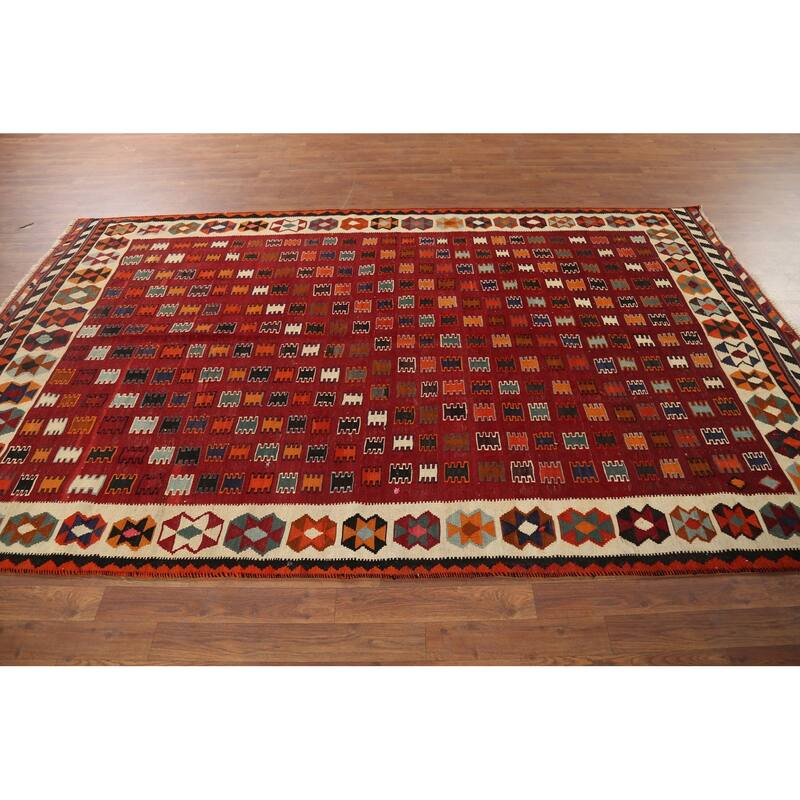 Vegetable Dye Tribal Kilim Qashqai Persian Vintage Wool Carpet - 5'9"x 9'7"