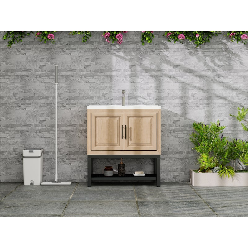 Roomfitters 32" Bathroom Vanity with Ceramic Sink, Freestanding Bathroom Cabinet with Storage & Open Shelf - Natural