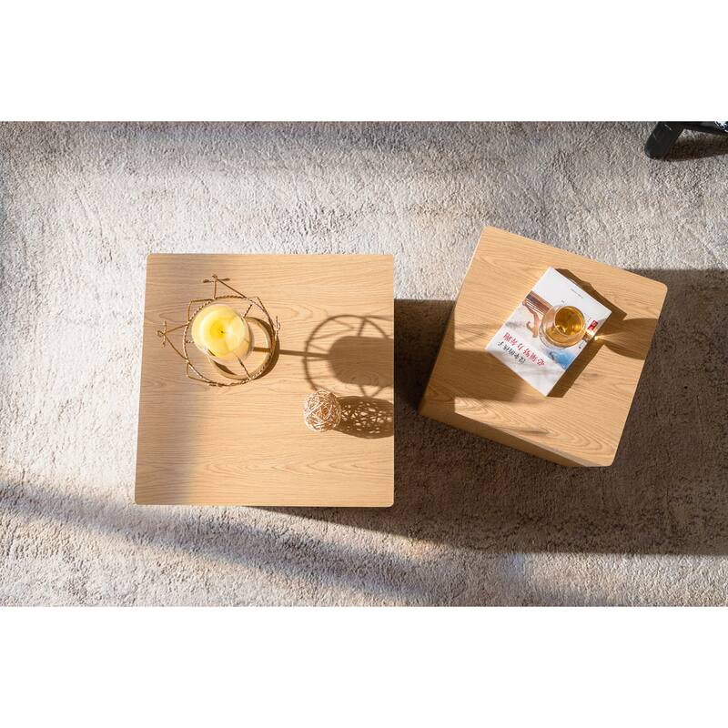 MDF Modern Nesting Imitation Wood Grain Coffee Table, Cube Side Table, Set for Small Space Living Room Bedroom-Set of 2