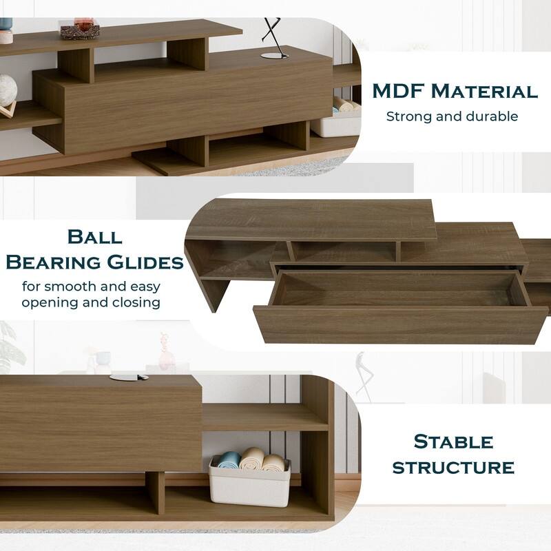 Surrey Multi-functional 60-Inch Modern Wood TV Console with Drawer, Book Case and Open Shelves in Stained Wood Finish