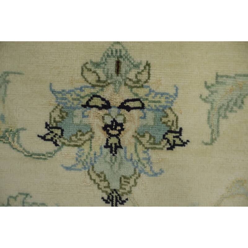 Hand Knotted Oriental Wool & Silk Carpet Traditional All-Over Beige & Ivories Tabriz Area Rug - 9' 10'' X 6' 4''