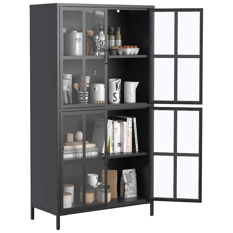 Premium Black Metal Storage Cabinet with Tempered Glass Doors, Adjustable Shelves, Anti-Tipping Device, Magnetic Silent
