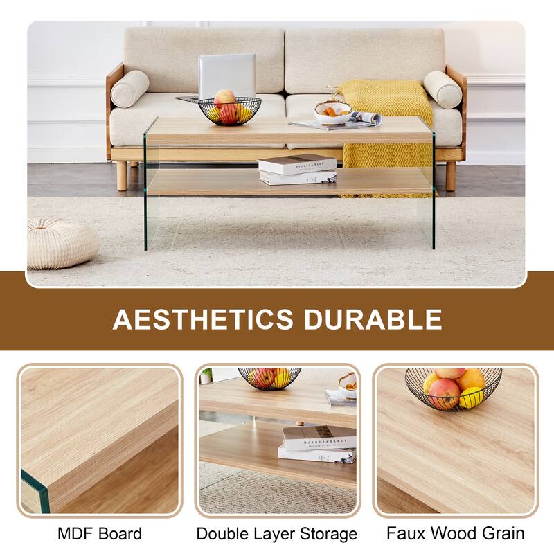 43.3" Modern Rectangular Coffee Table with Tempered Glass Legs and Storage Shelf