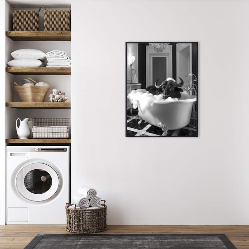 Curious Buffalo In the Tub by Niky Rahner Framed Canvas Wall Art