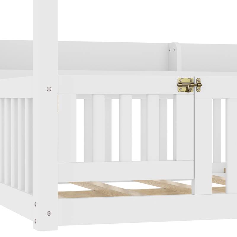 Roomfitters Canopy Floor Bed with Guardrails and Shelves, Solid Wood Montessori Frame