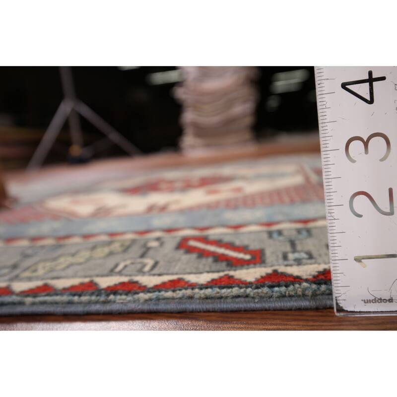 Blue Geometric Kazak Oriental Accent Rug Hand-Knotted Wool Carpet - 3'7" x 5'0"