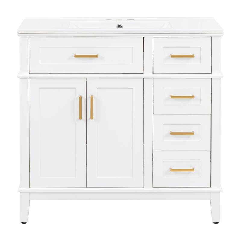 36" Bathroom Vanity Cabinet with Ceramic Sink, Soft-Close Door and 4 Storage Drawers