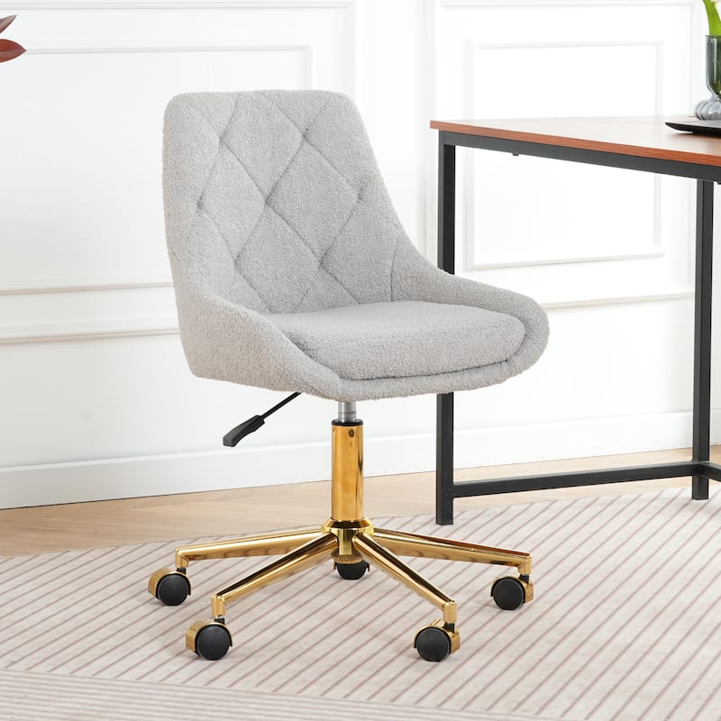 Grey Gold Teddy Fabric Office Chair Ergonomic Thick Sponge Seat Adjustable - 22.1” x 22.1” x 29.9-33.7”
