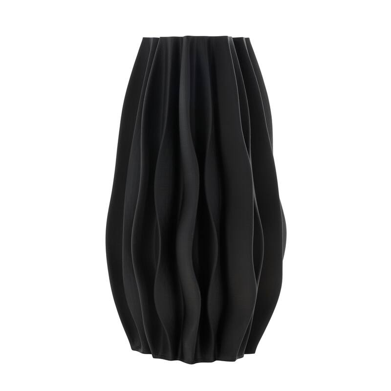 Black Ceramic Dimensional Wavy Ribbed Abstract Vase with Floral Shaped Rim