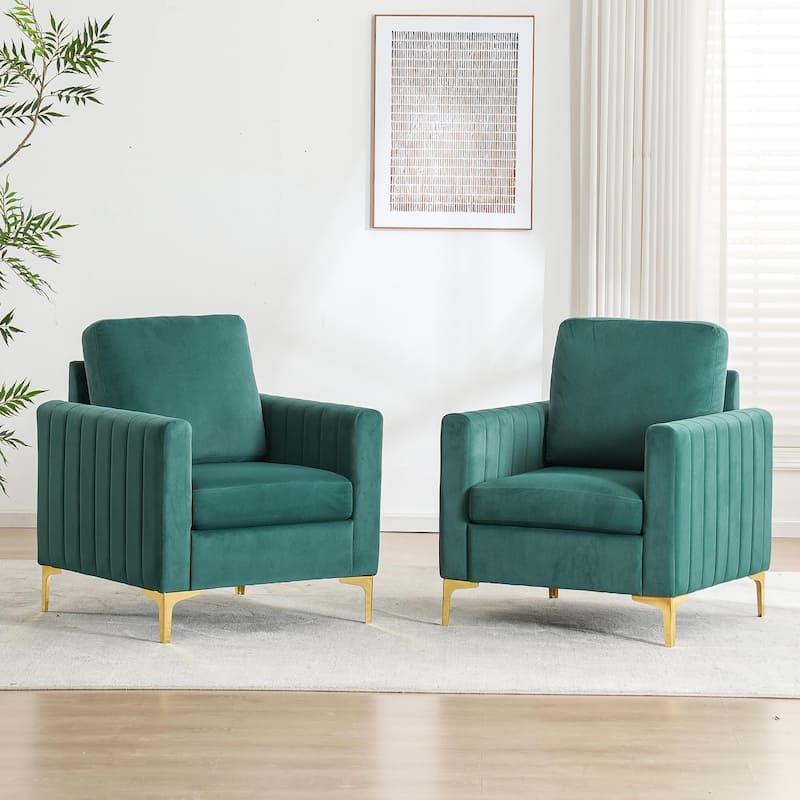 Modern Velvet Accent Chairs (Set of 2) for Living Room & Bedroom Comfy Reading Armchair with Gold Metal Legs - Green