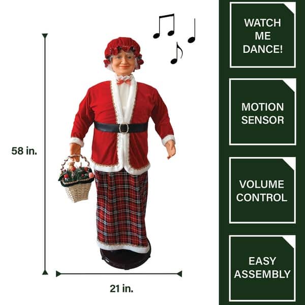 dimension image slide 1 of 2, Fraser Hill Farm 58-In. Dancing Mrs. Claus with Basket, Life-Size Christmas Holiday Indoor Home Decoration