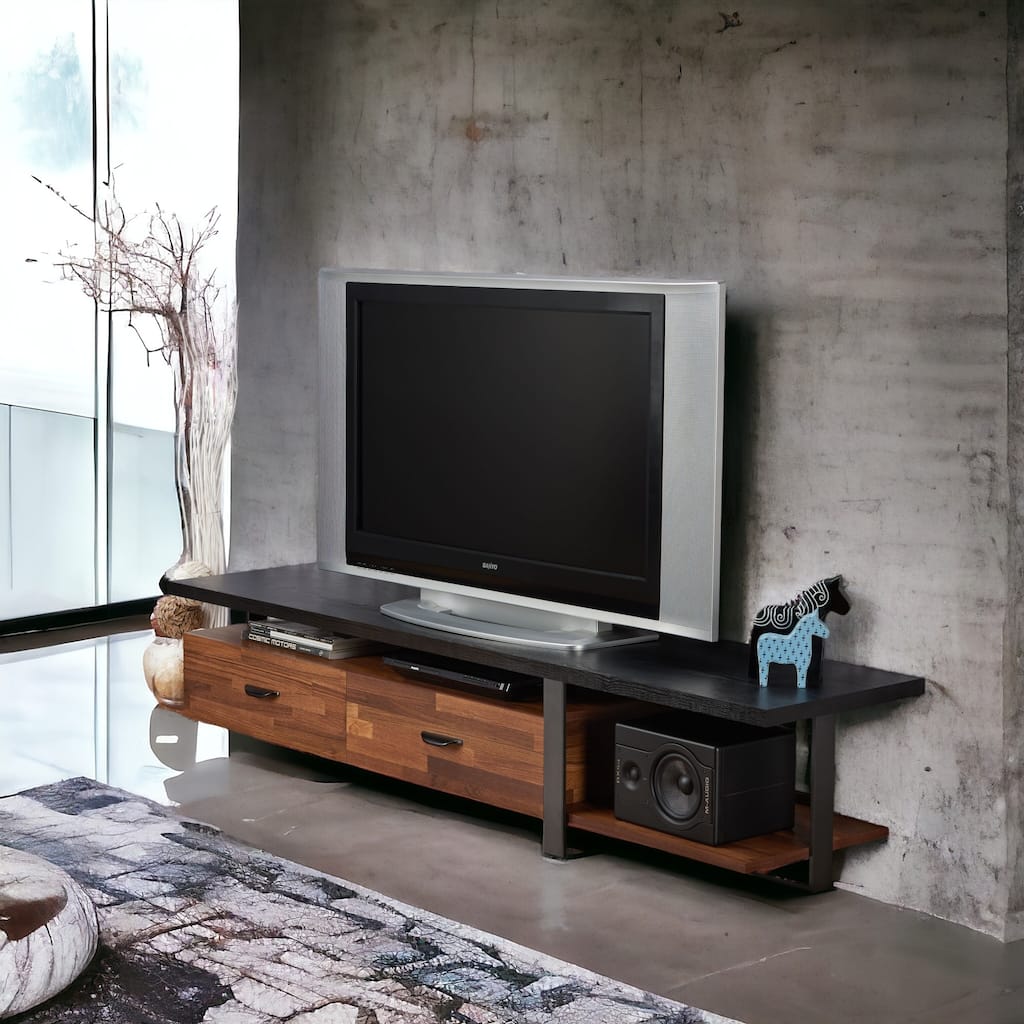 Versatile Walnut & Black TV Stand with 2 Drawers and Open Storage, Fits 55 TV