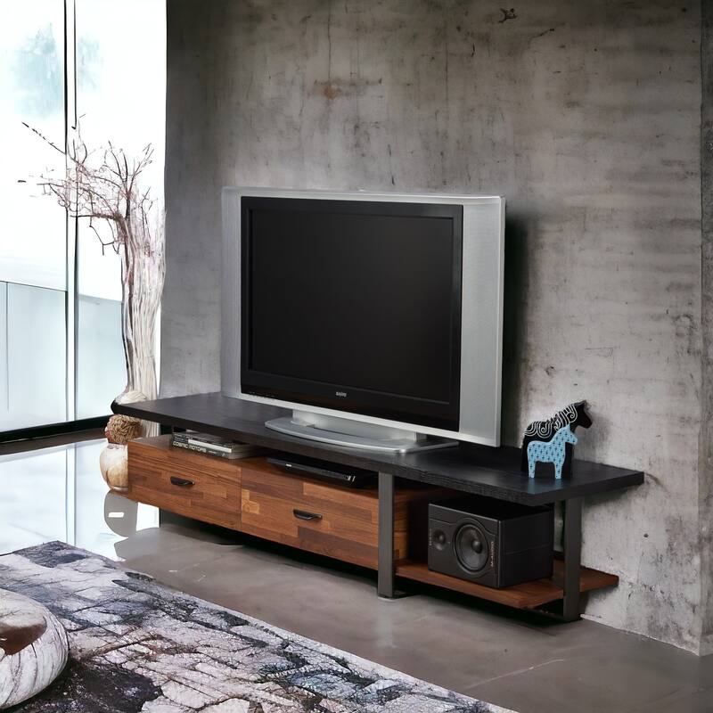 Walnut & Black 2-Drawer TV Stand with Shelf, Contemporary Design for TVs Up to 55" - Walnut+black