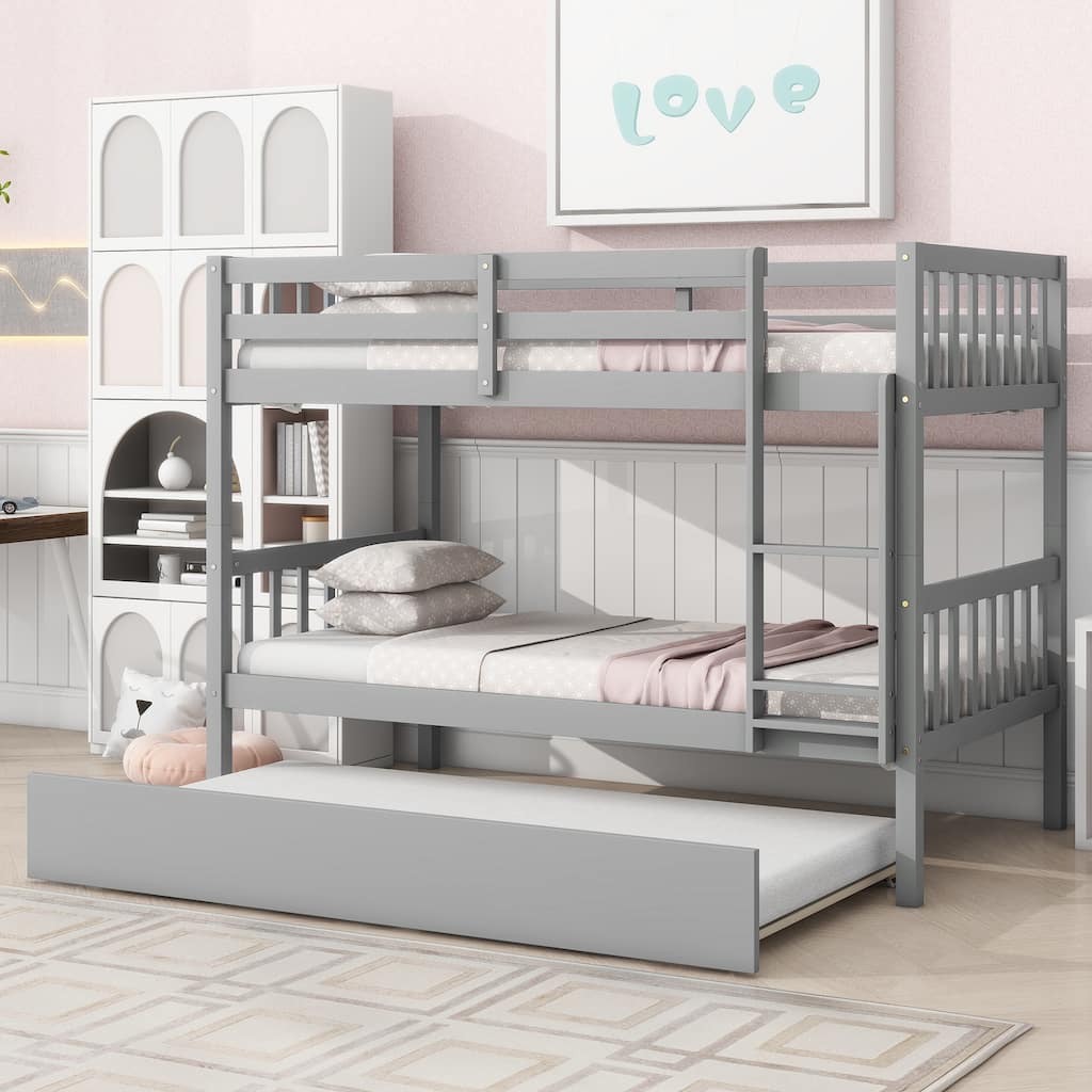 Convertible Twin Over Twin Bunk Bed with Trundle, Grey, Rubber Wood, Detachable into 2 Twin Beds