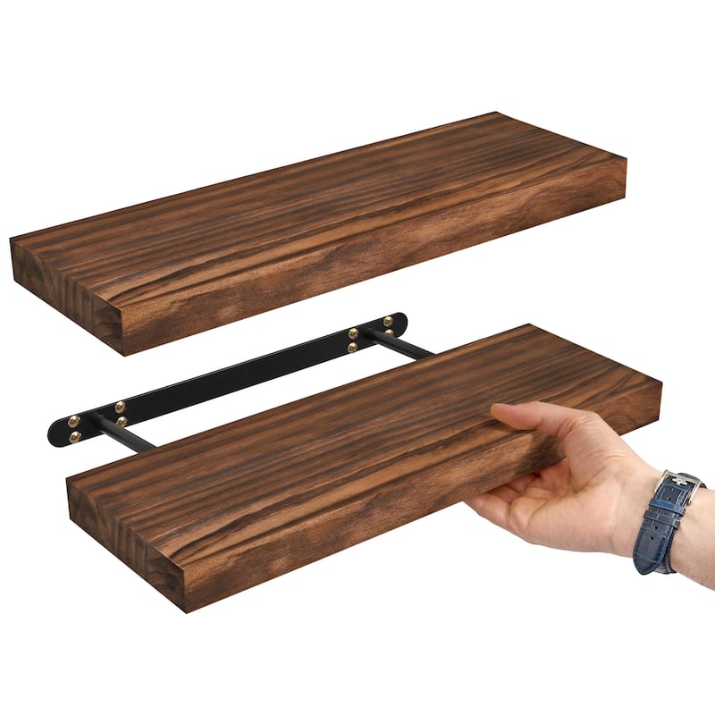 Solid Wood Floating Shelves for Wall - Compact Wooden Wall-Mounted Shelves (16”, Set of 2) - 5.5” L X 16"W X 1.2” H