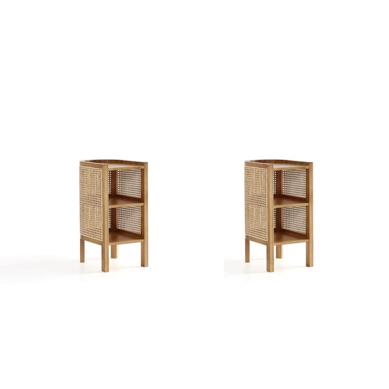Manhattan Comfort Versailles End Table in Black and Natural Cane - Nature - Set of 2
