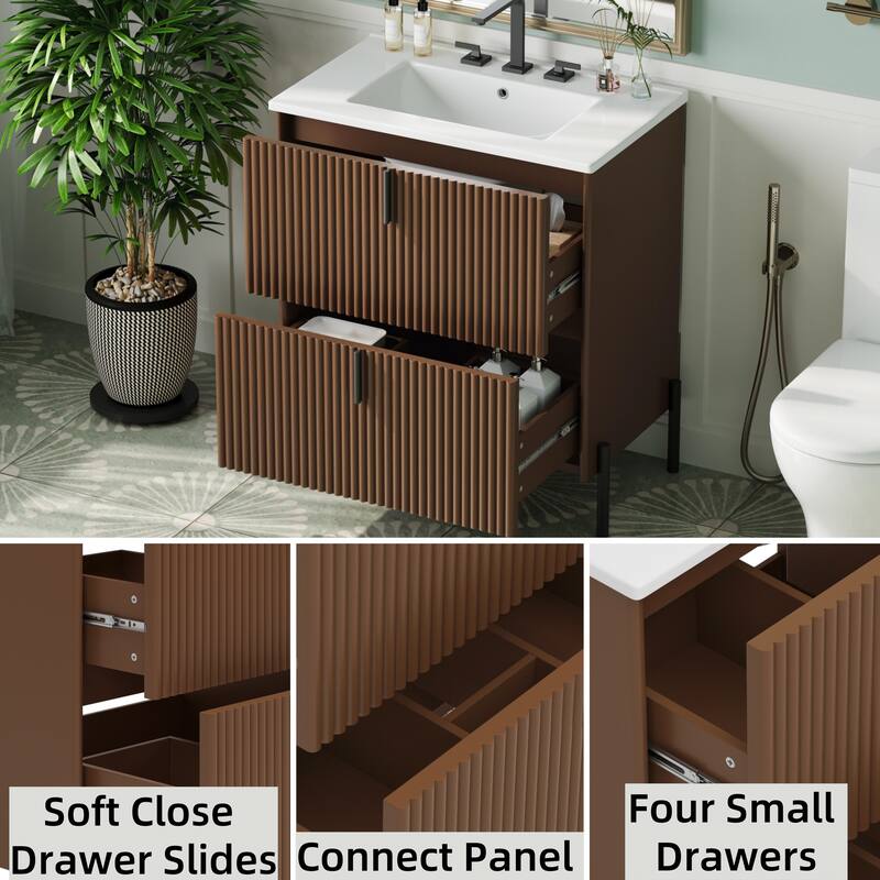 30" Bathroom Vanity with Ceramic Sink, Fluted Design, Full-Extension Drawers, Soft Close Drawer Slides