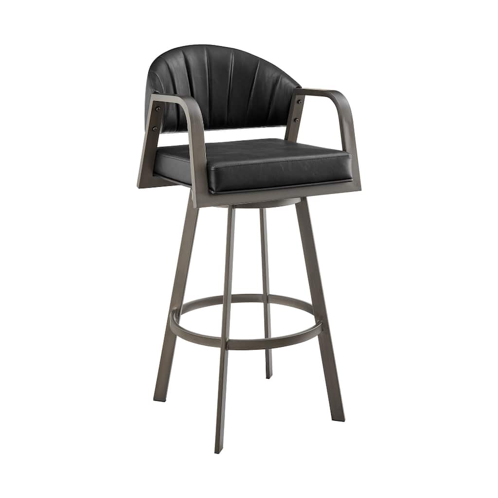 Marcy Swivel Barstool Chair, Iron Frame, Black Channel Tufted Faux Leather