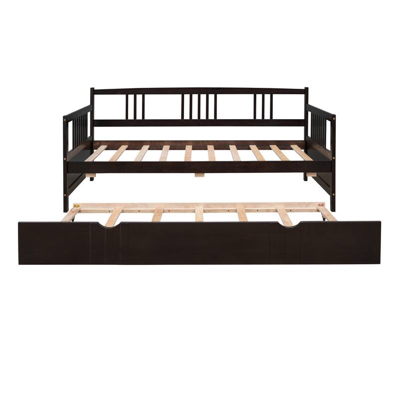 Twin Size Wood Daybed with Trundle, Espresso Finish, Space-Saving Design